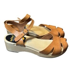 Swedish Hasbeens Brown Leather Wooden Clog Sandals Size 36 – Retro Boho Platform